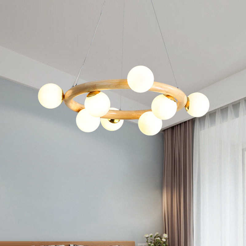 Opal Matte Glass Chandelier with Wood Circle Arm, Nordic Design, 8 Bulbs, Beige Pendant Light