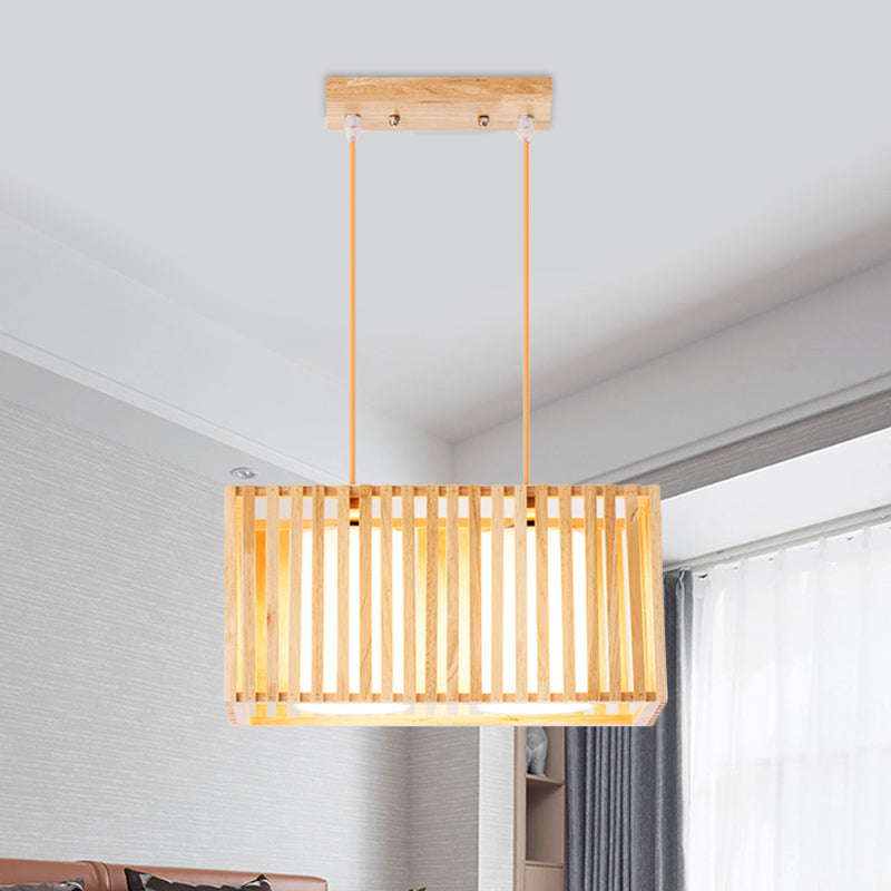 Japanese Style 2-Head Pendant Lighting For Dining Table - Rubber Wood Cuboid Cage Island Light