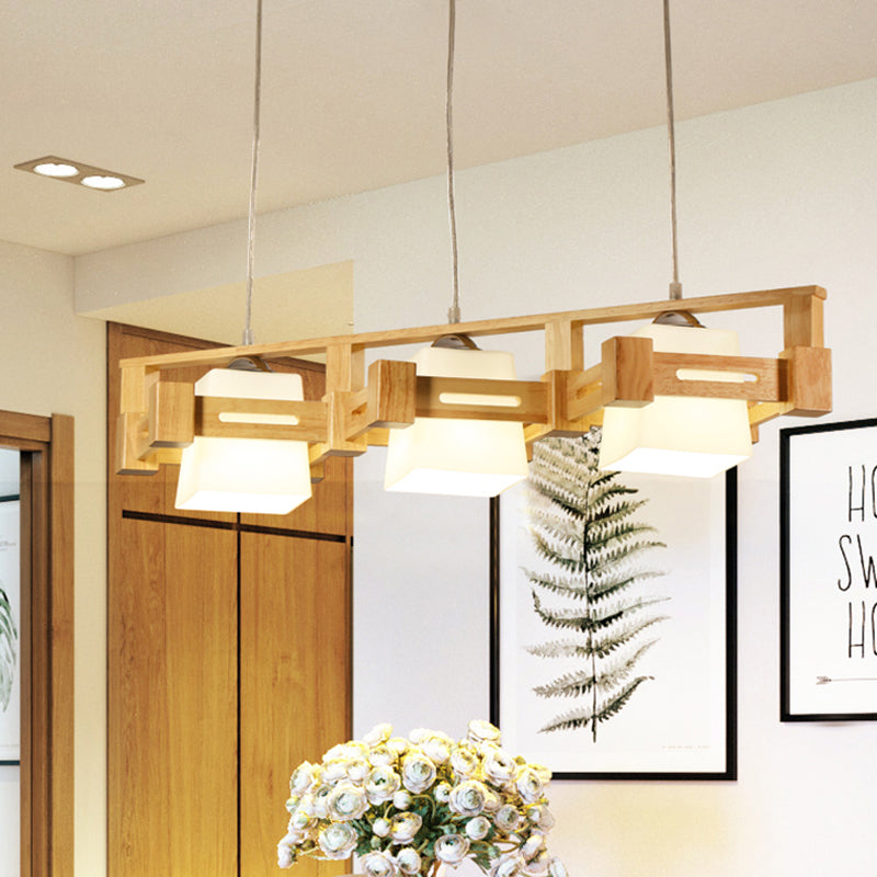 Modern Cubic Frosted Glass Island Pendant Lamp With Wood Cage And 3 Beige Bulbs