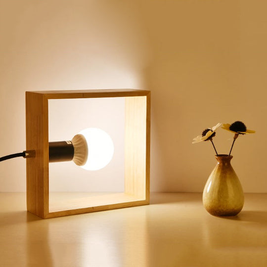 Minimalist Wood Table Lamp With Square Frame - Bedside Nightstand Light Single Bulb Design