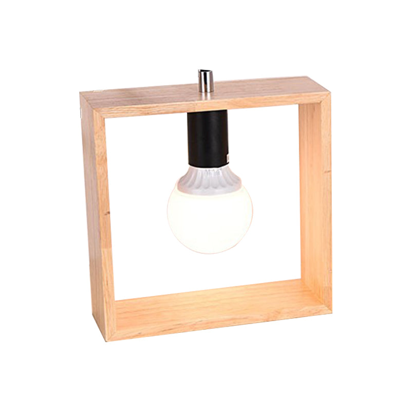 Minimalist Wood Table Lamp With Square Frame - Bedside Nightstand Light Single Bulb Design