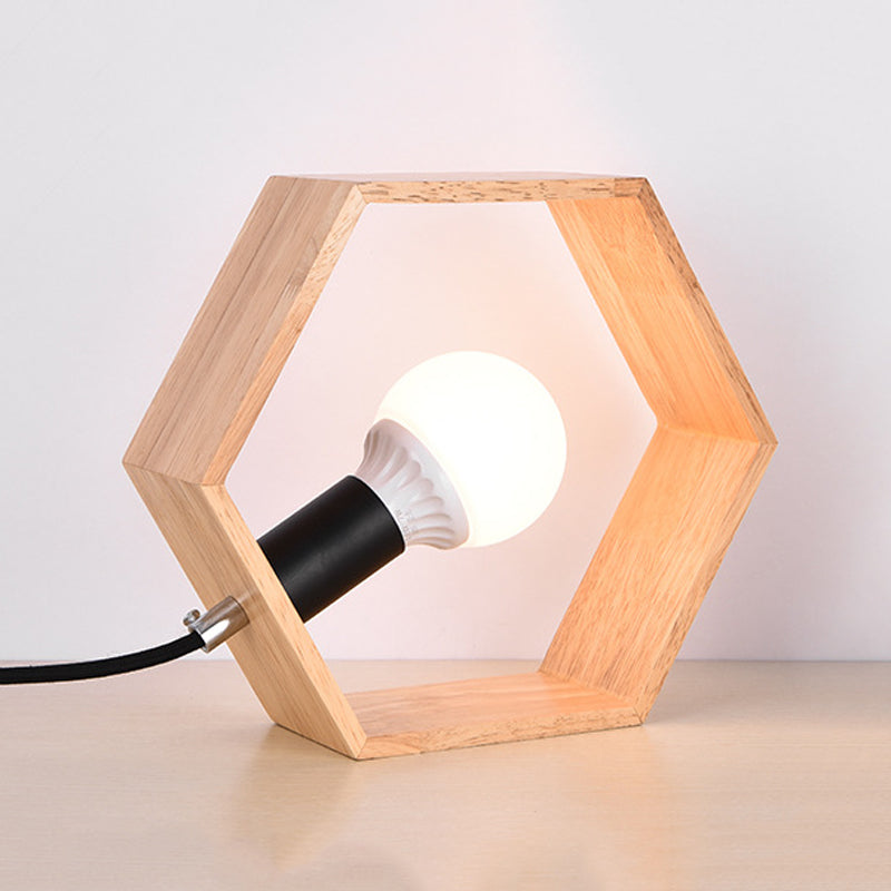Minimalist Wooden Hexagon Nightstand With Naked Bulb Lighting Wood