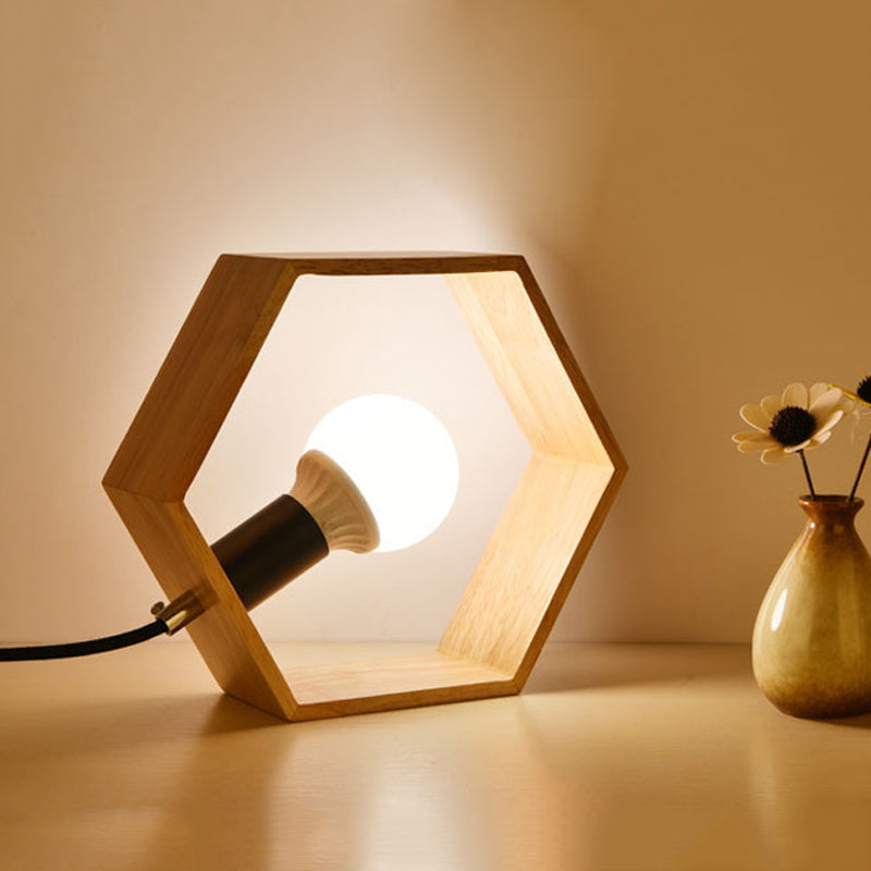 Minimalist Wooden Hexagon Nightstand With Naked Bulb Lighting