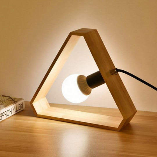 Beige Night Light Table Lamp With Wooden Triangular Frame For Bedroom Wood