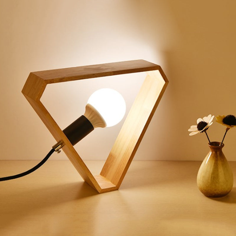 Beige Night Light Table Lamp With Wooden Triangular Frame For Bedroom