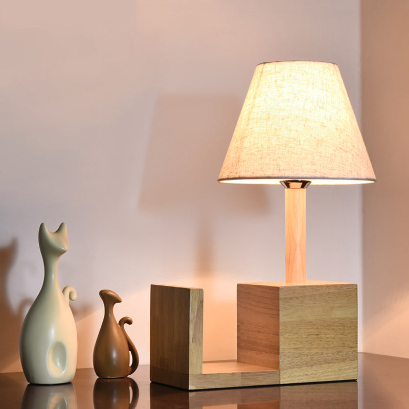 Contemporary Empire Shade Table Light With Bookshelf Design - Beige Wood
