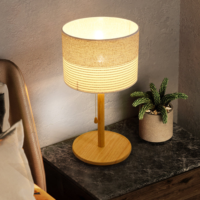 Modern Striped Fabric Barrel Shade Table Lamp With Pull Chain And Wood Stand
