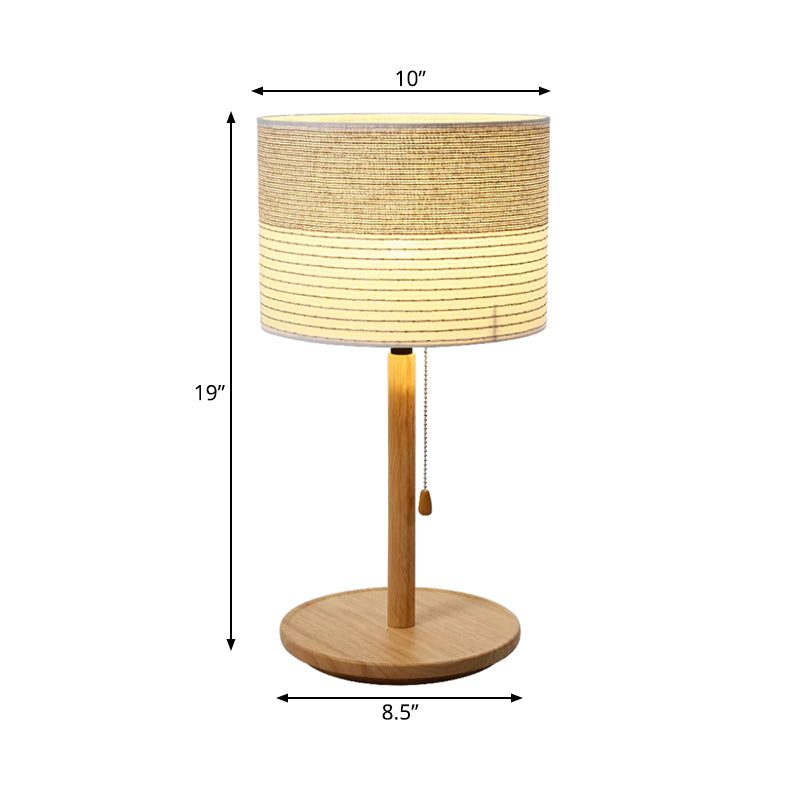 Modern Striped Fabric Barrel Shade Table Lamp With Pull Chain And Wood Stand