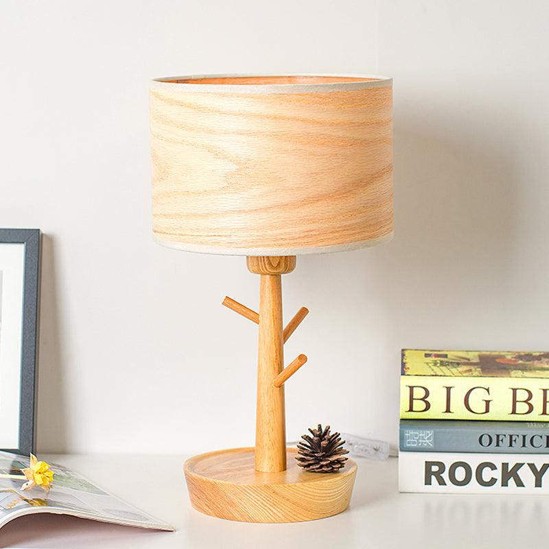 Modern 1-Light Beige Table Lamp With Wood Drum Shade And Hook Design - Functional Night Lighting