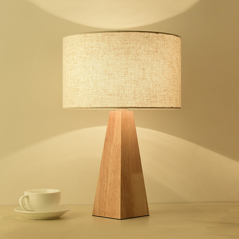 Modern Prismatic Wooden Table Lamp With Beige Night Light And White Fabric Shade