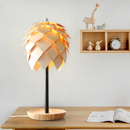 Nordic Wood Artichoke Table Lamp: Beige Nightstand Light With Tray Base