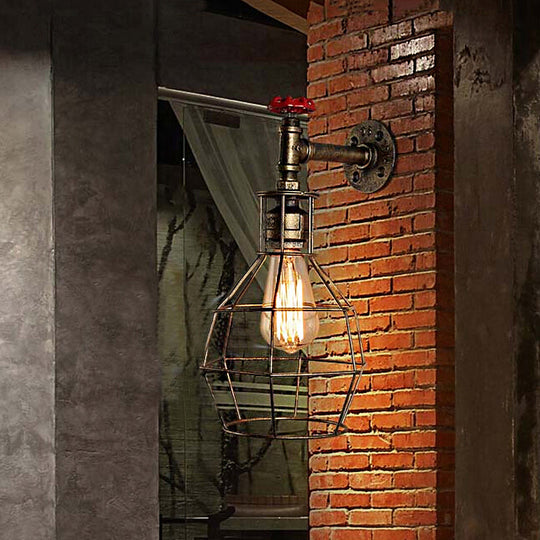 Caged Vintage Corridor Wall Sconce With Valve Deco And 1 Light In Black/Bronze Bronze