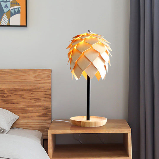 Nordic Wood Artichoke Table Lamp: Beige Nightstand Light With Tray Base