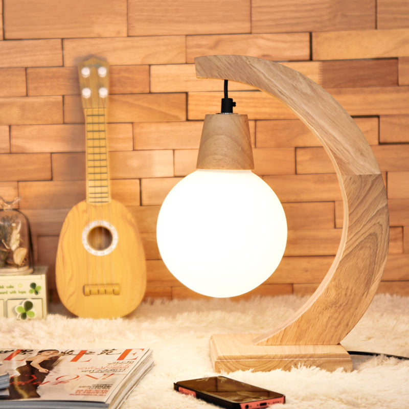 Nordic Arch Table Lamp With Cream Frosted Glass Shade - Bedroom Night Stand Light Wood Design