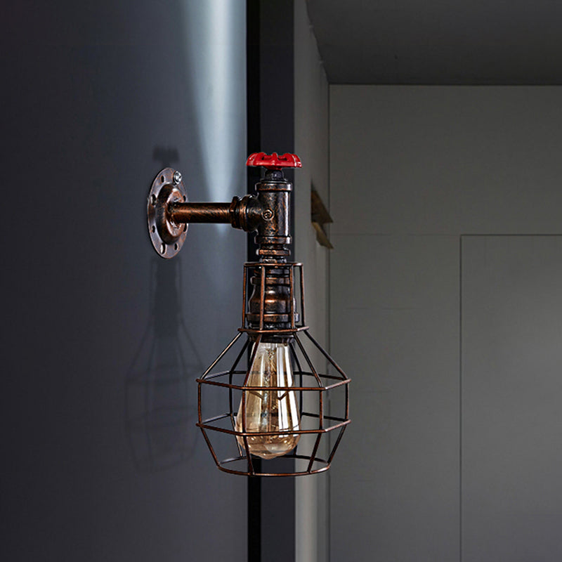 Caged Vintage Corridor Wall Sconce With Valve Deco And 1 Light In Black/Bronze Weathered Copper