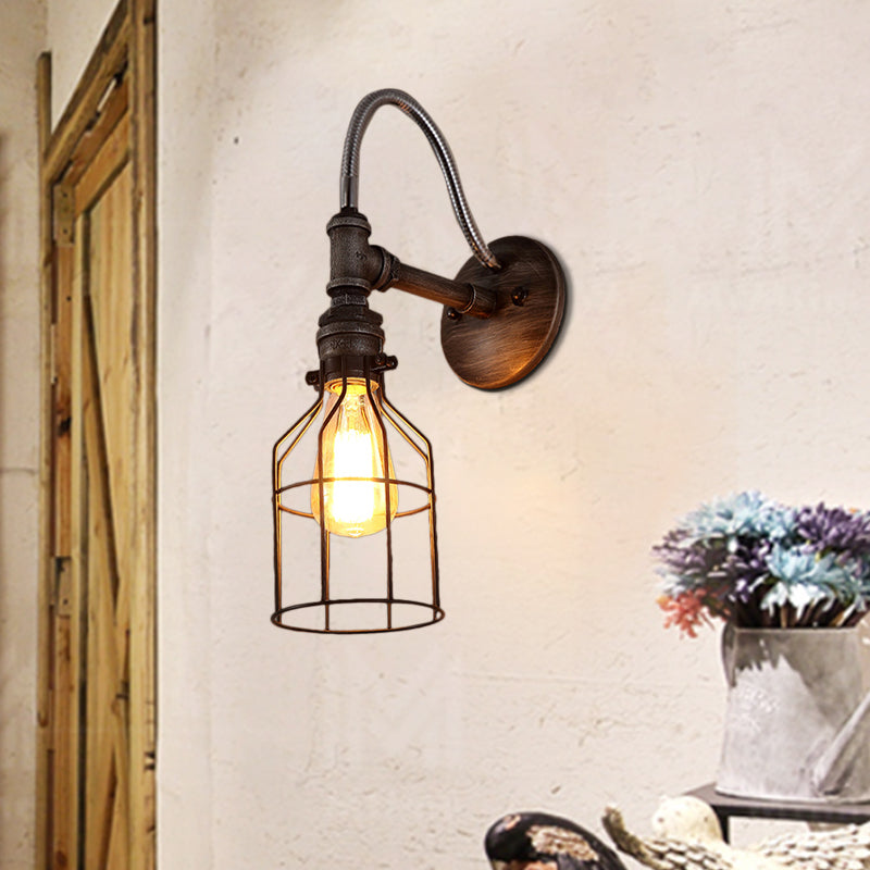 Caged Wall Light With Gooseneck Arm - Rustic Metal Sconce Fixture Rust