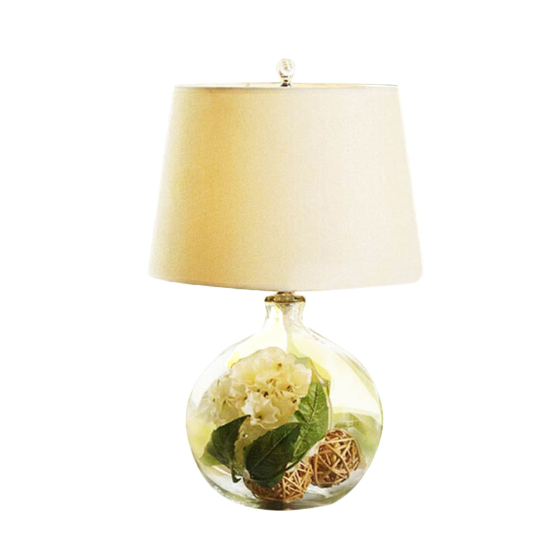 1-Light Fabric White Nightstand Lamp With Industrial Tapered Design And Floral Rattan Ball Decor