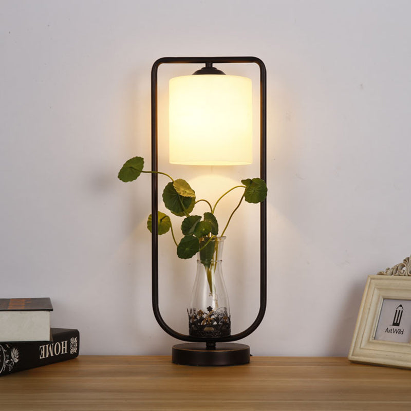 Industrial Black White Glass Table Lamp With Cage And Vase - 1-Light Cylinder Night Light