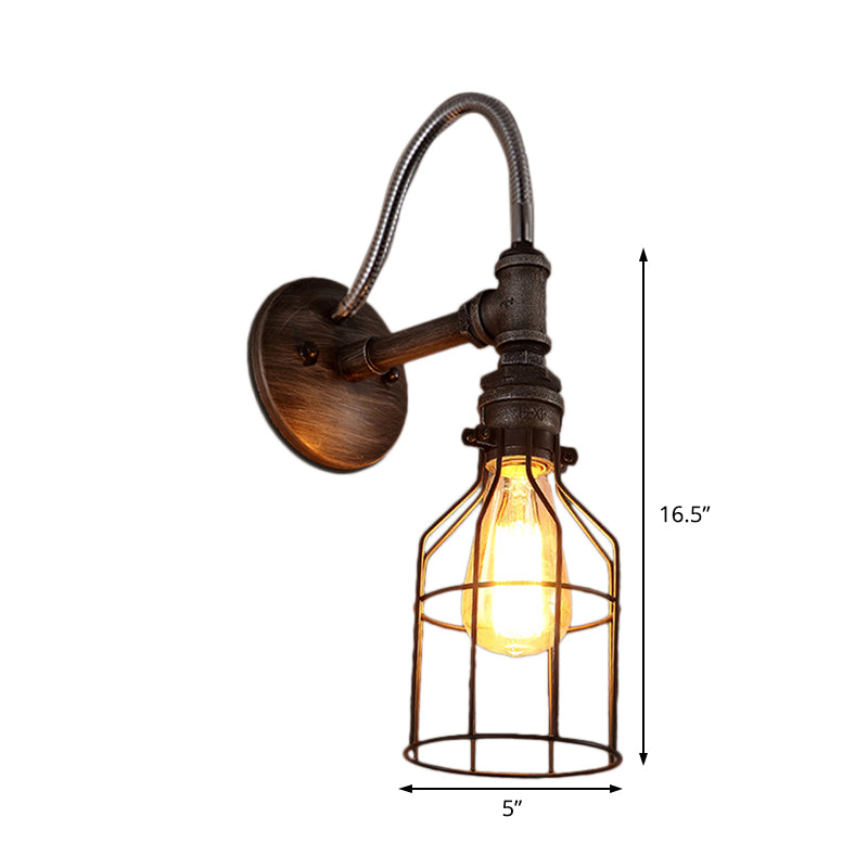 Caged Wall Light With Gooseneck Arm - Rustic Metal Sconce Fixture