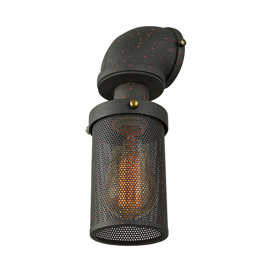 Industrial Black Mesh Cylinder Wall Sconce With Metal Pipe - Bedroom Lighting Fixture
