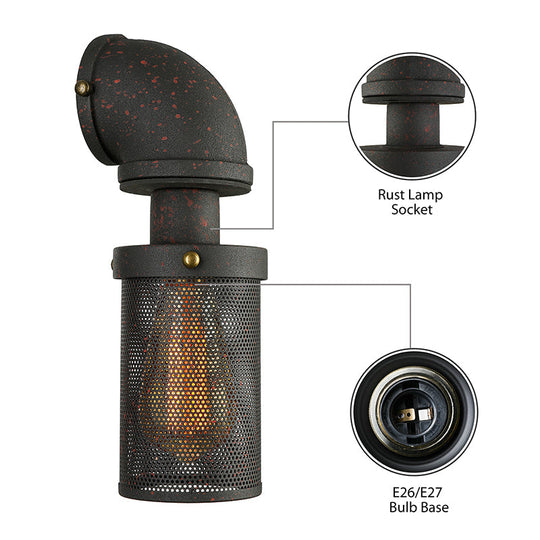 Industrial Black Mesh Cylinder Wall Sconce With Metal Pipe - Bedroom Lighting Fixture