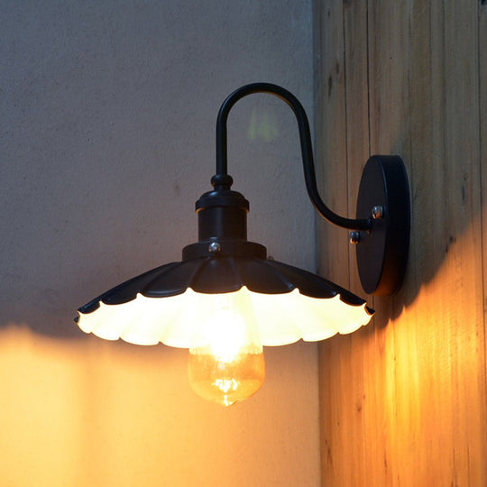 Industrial Gooseneck Wall Sconce With Scalloped Shade 1 Light - Black 9.5/13 Width