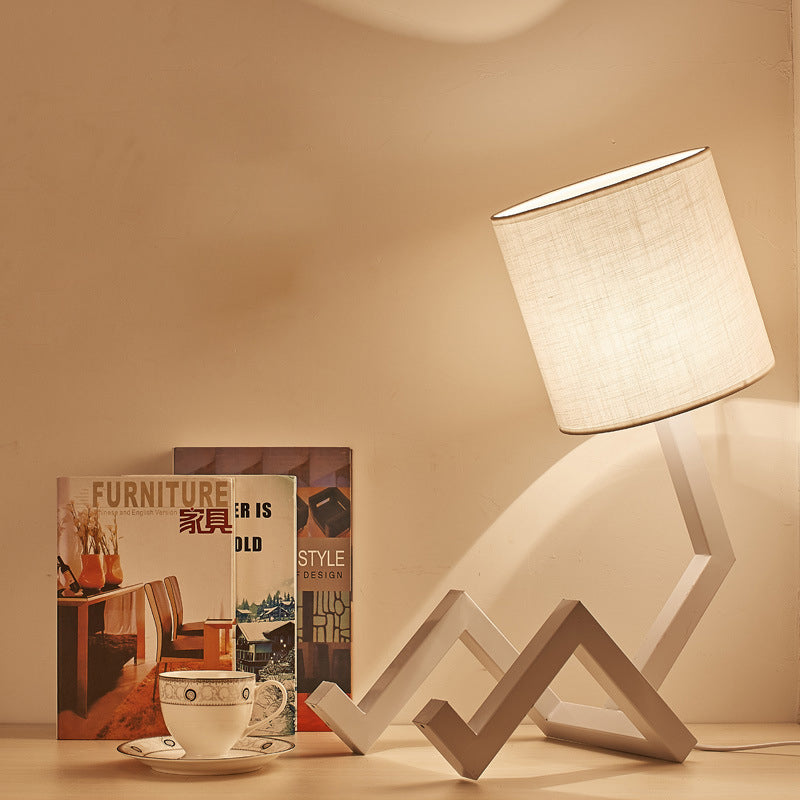 Iron Bot Table Light - Nordic Creative Nightstand Lamp With Bookshelf Function & Barrel Fabric Shade