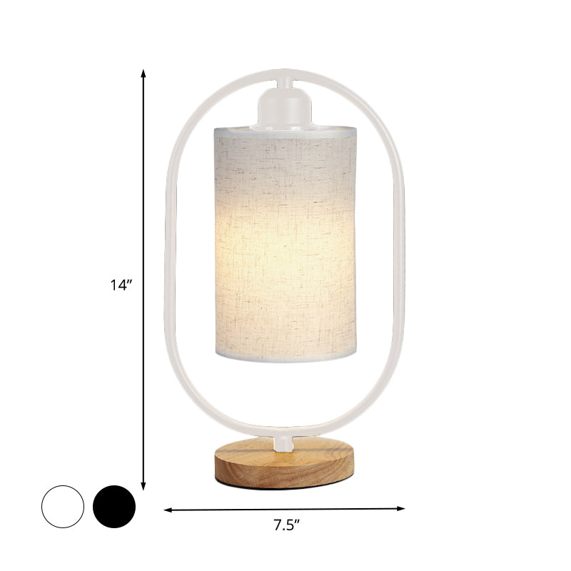 Lara - Modern Column Plug In Nightstand Lighting Modern Fabric 1-Light Bedside Table Light with Black/White Ellipse Frame and Wood Base
