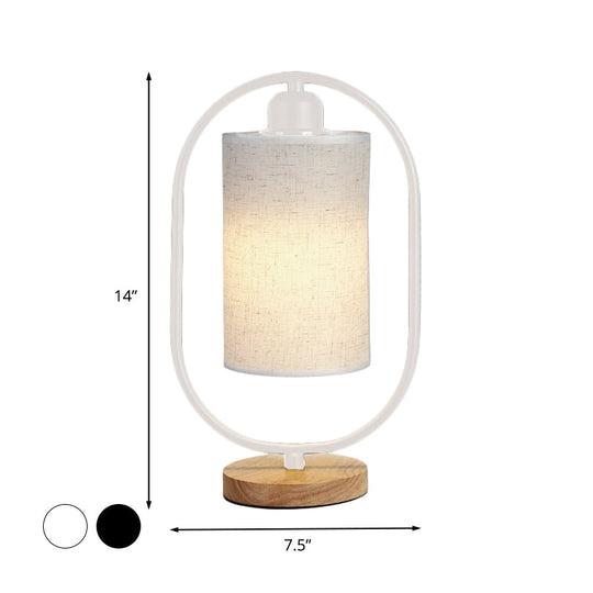 Lara - Modern Column Plug In Nightstand Lighting Modern Fabric 1-Light Bedside Table Light with Black/White Ellipse Frame and Wood Base