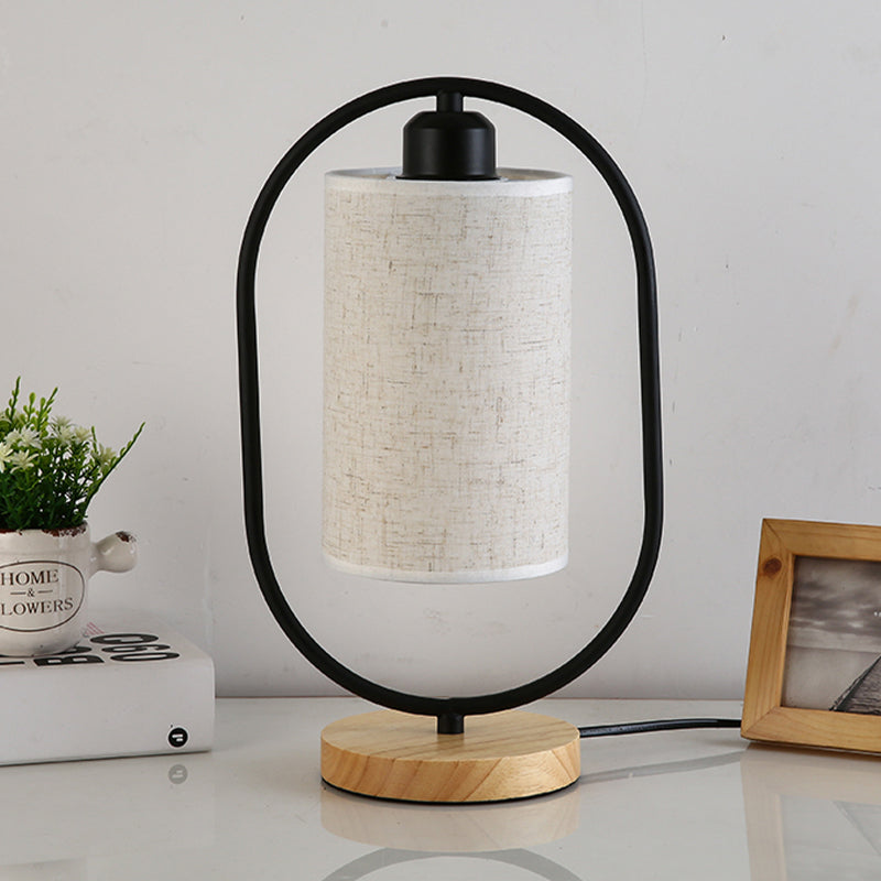 Modern Fabric 1-Light Column Nightstand Lamp With Ellipse Frame And Wood Base In Black/White -