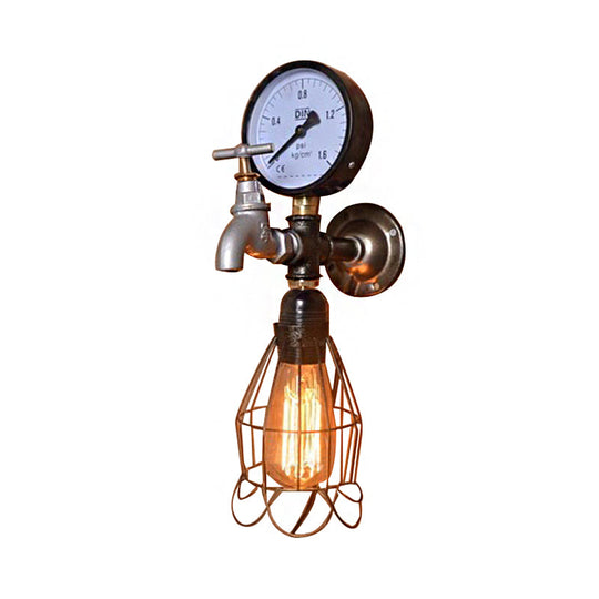 Silver/Blue Industrial Diamond Cage Wall Lamp With Gauge And Faucet - 1 Light Wrought Iron Lighting