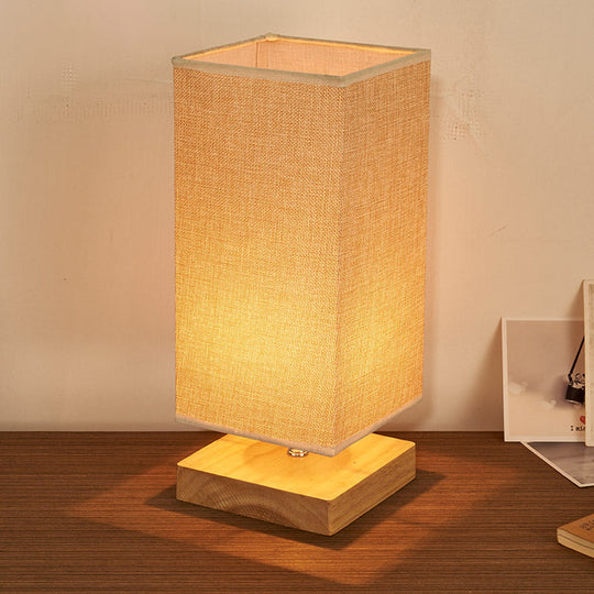 Rectangle Fabric Table Lamp - Beige With Wood Pedestal 1 Head Night Stand Light