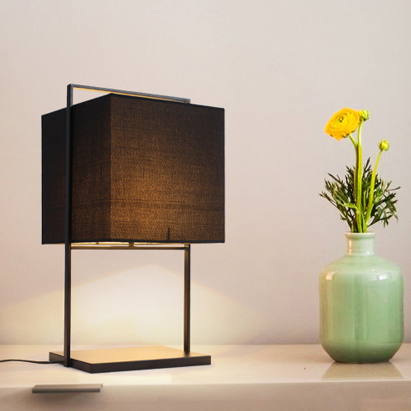 Modern Cube Nightstand Table Lamp With Black Rectangular Stand - Light Fabric 1 Bulb For Living Room