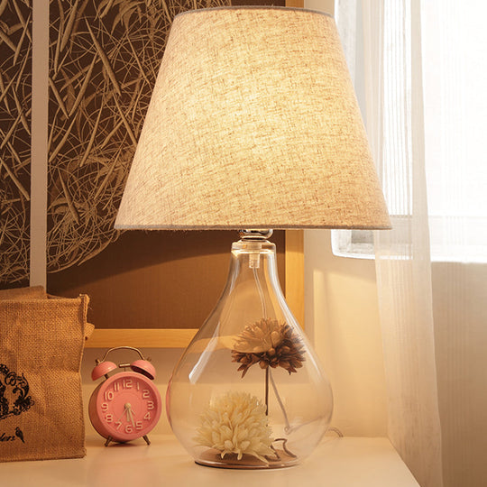 Contemporary Clear Waterdrop Glass Table Lamp With Floral Decor And Fabric Shade Flaxen / Water Drop