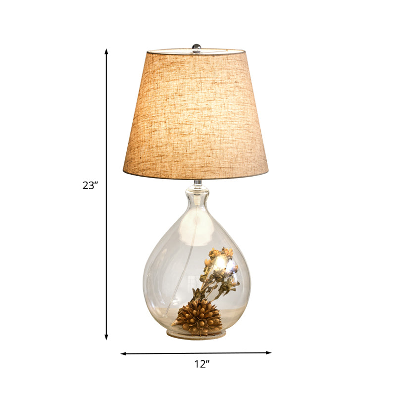 Contemporary Clear Waterdrop Glass Table Lamp With Floral Decor And Fabric Shade