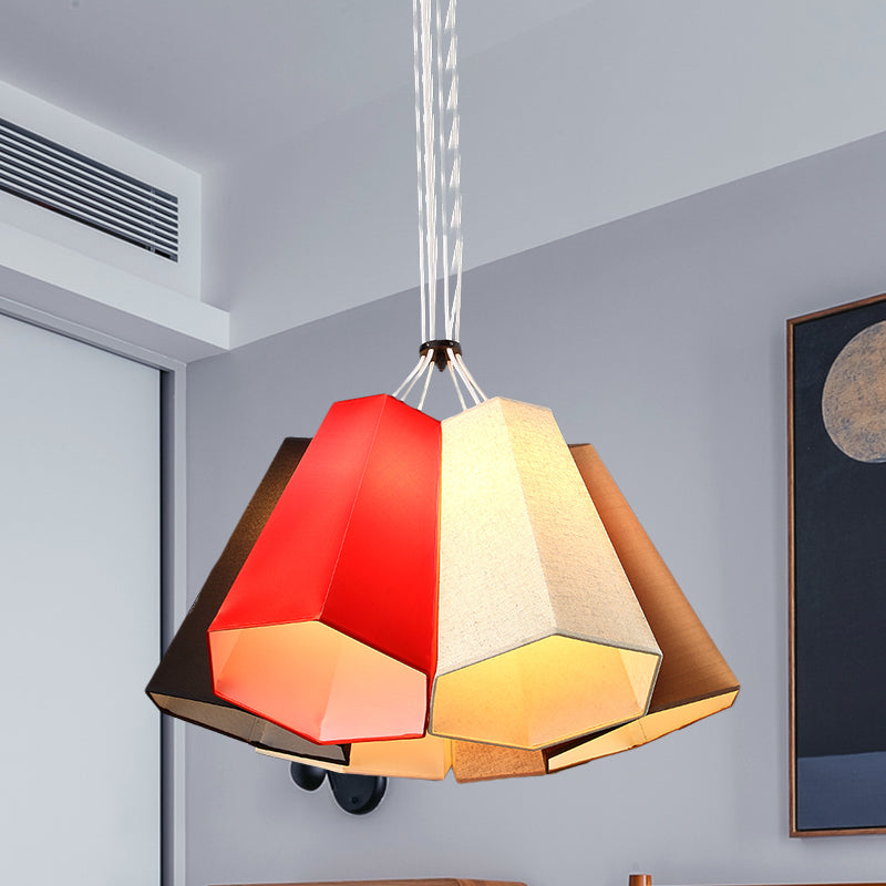 Modern Red-White Loft House Hanging Light - Ridged Conical Fabric Pendant Lighting (6 Heads)