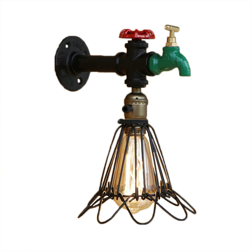 Rustic Metal Cage Wall Sconce Black Finish With Faucet And Valve - 1 Bulb