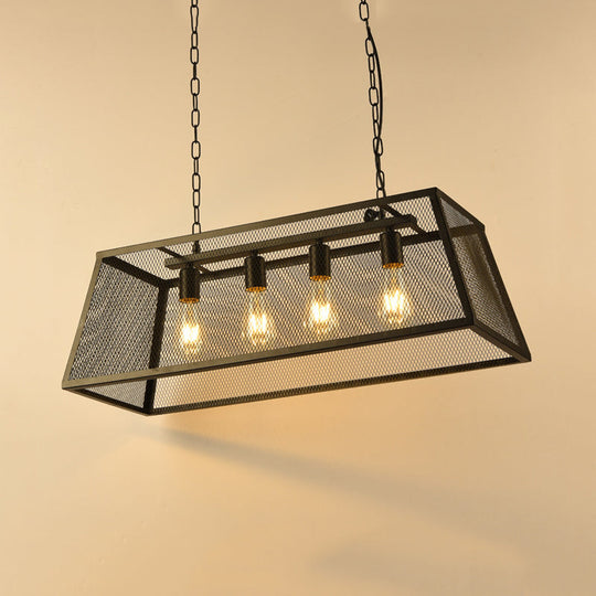 Industrial Iron Wire Mesh Pendant Light - Black 4-Light Island Lamp For Dining Room
