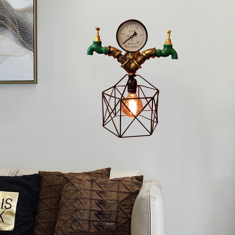 Hexagon Cage Wall Sconce: Antique Brass Metallic Industrial Light With Faucet And Gauge Deco