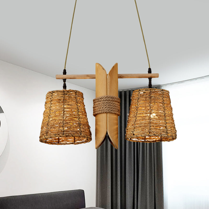 Rattan Conic Restaurant Pendant Lamp With 2 Beige Heads And Bamboo Tube Decoration