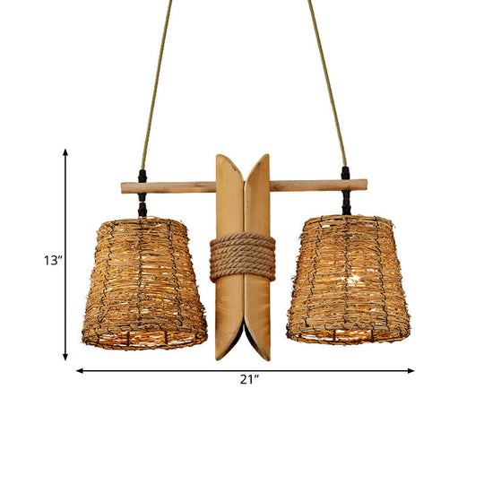 Rattan Conic Restaurant Pendant Lamp With 2 Beige Heads And Bamboo Tube Decoration