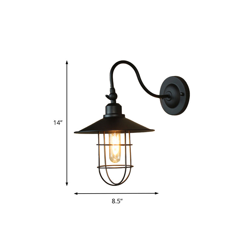 Metal Black Wall Lamp With Flared Shade: Nautical Style 1-Head Lighting For Hallway