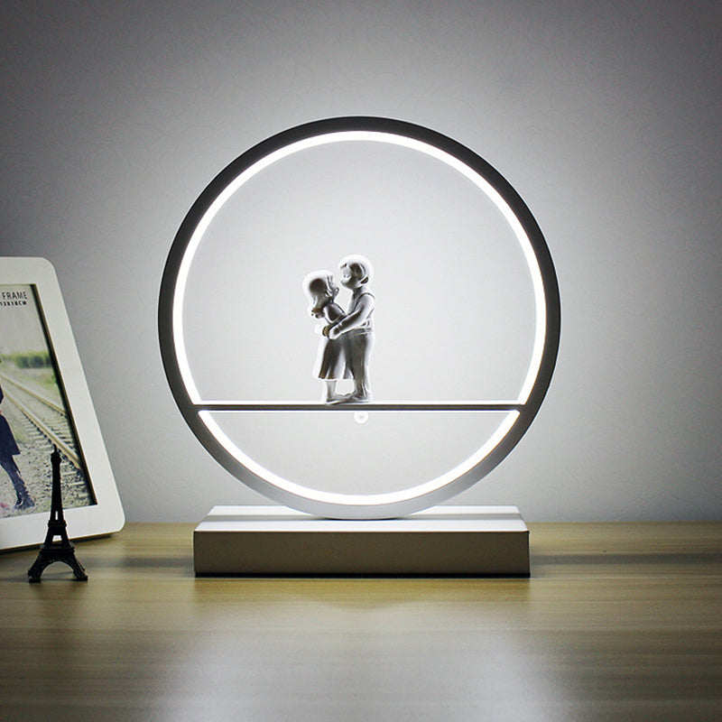 Simona - Romantic Black/White Hoop Nightstand Light Simple Romantic Acrylic Table Lamp in Warm/White Light with Lover Statuette