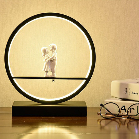 Romantic Acrylic Table Lamp: Simple Black/White Hoop Nightstand Light With Lover Statuette