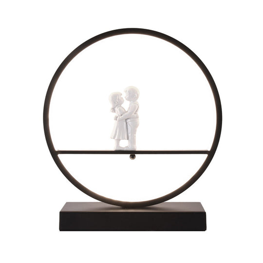 Simona - Romantic Black/White Hoop Nightstand Light Simple Romantic Acrylic Table Lamp in Warm/White Light with Lover Statuette