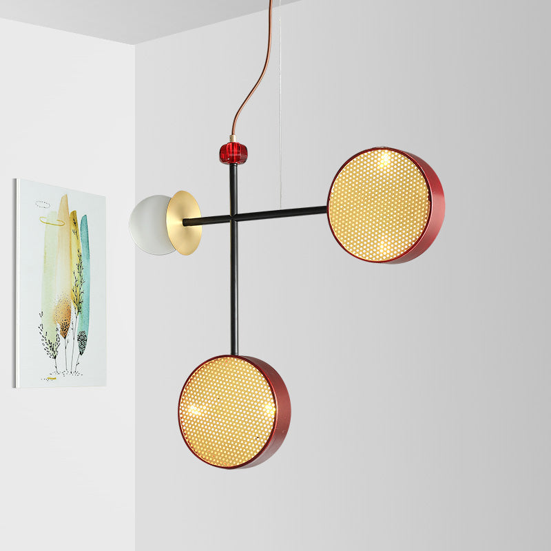 Stylish Red Cross Chandelier With Ball Glass Shade - Modern Metal 5-Light Pendant Lamp For Living