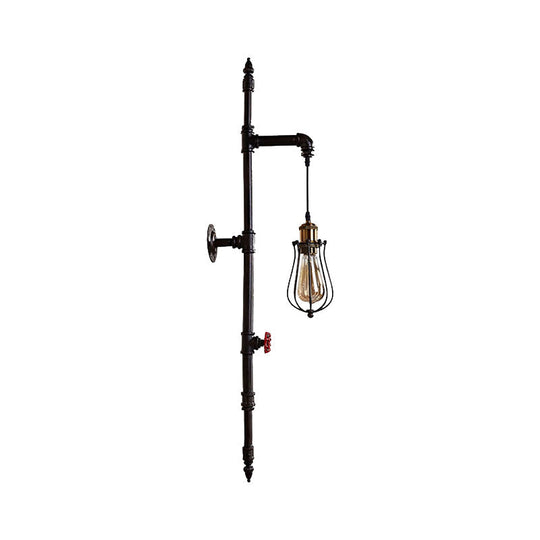 Rustic Wire Guard Wall Hanging Light With Iron Water Pipe Sconce In Black - Stylish Lighting For