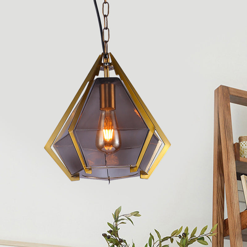 Diamond Colonial Pendant Lamp - White/Gray/Tan Glass Gold Hanging Light Fixture Smoke Gray