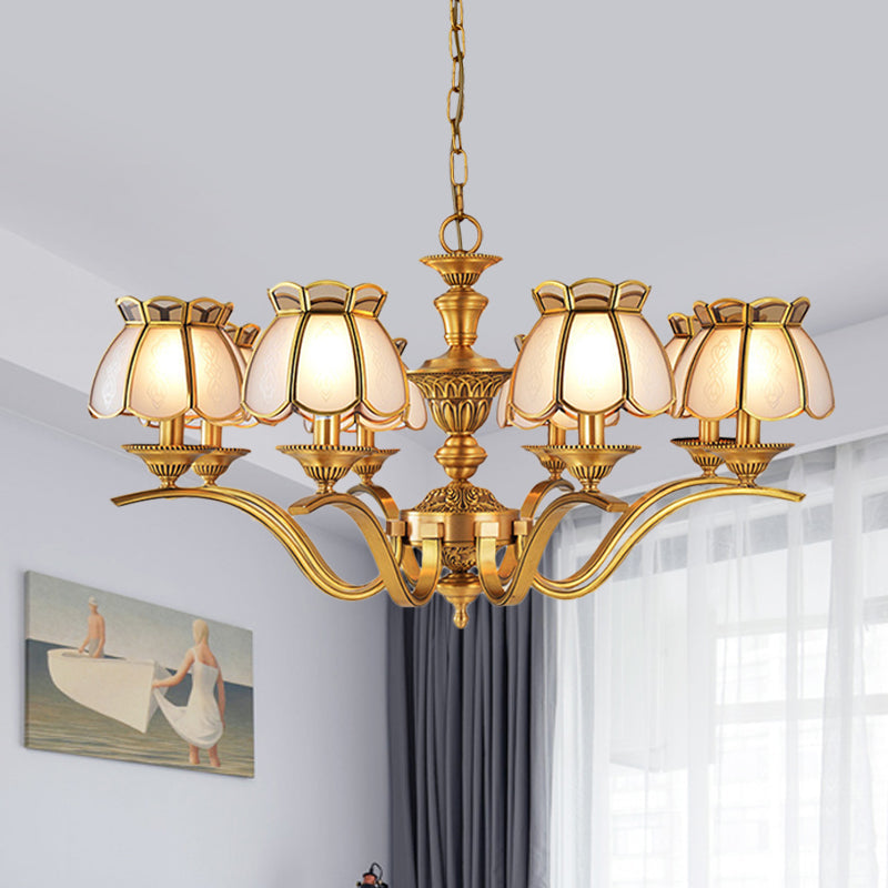 Scalloped Pendant Chandelier - Colonial Gold Finish With Frosted White Glass