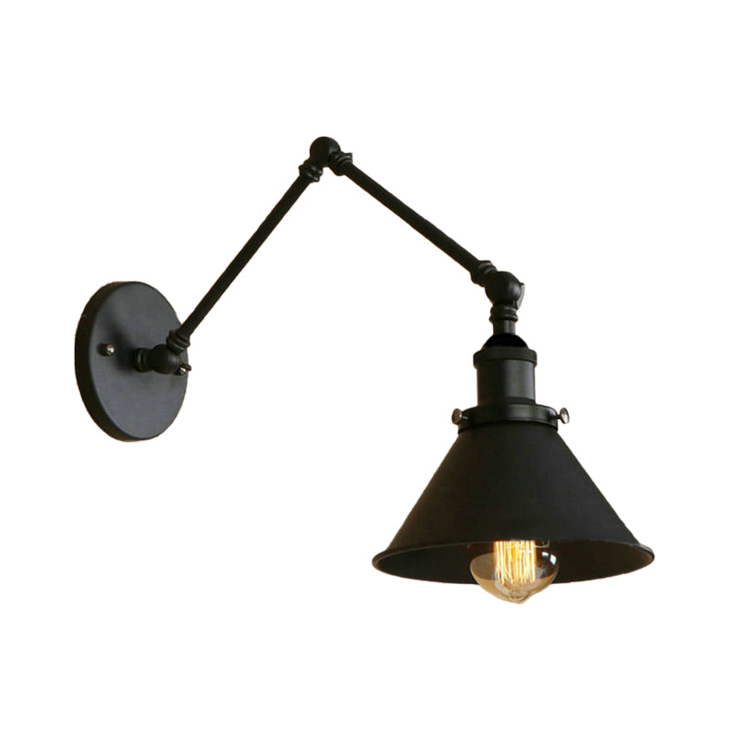 Industrial Metal Swing Arm Wall Sconce With Tapered Shade In Black - Perfect For Study Room